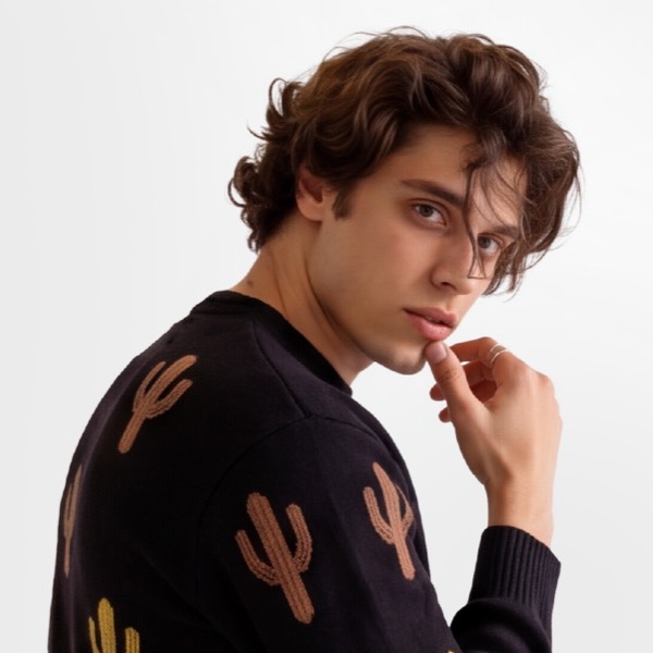 Hombre con saco negro Giraffe con cactus tejidos