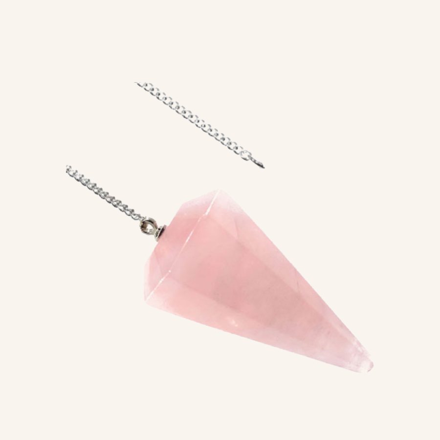 Péndulo de cuarzo rosa con cadena plateada